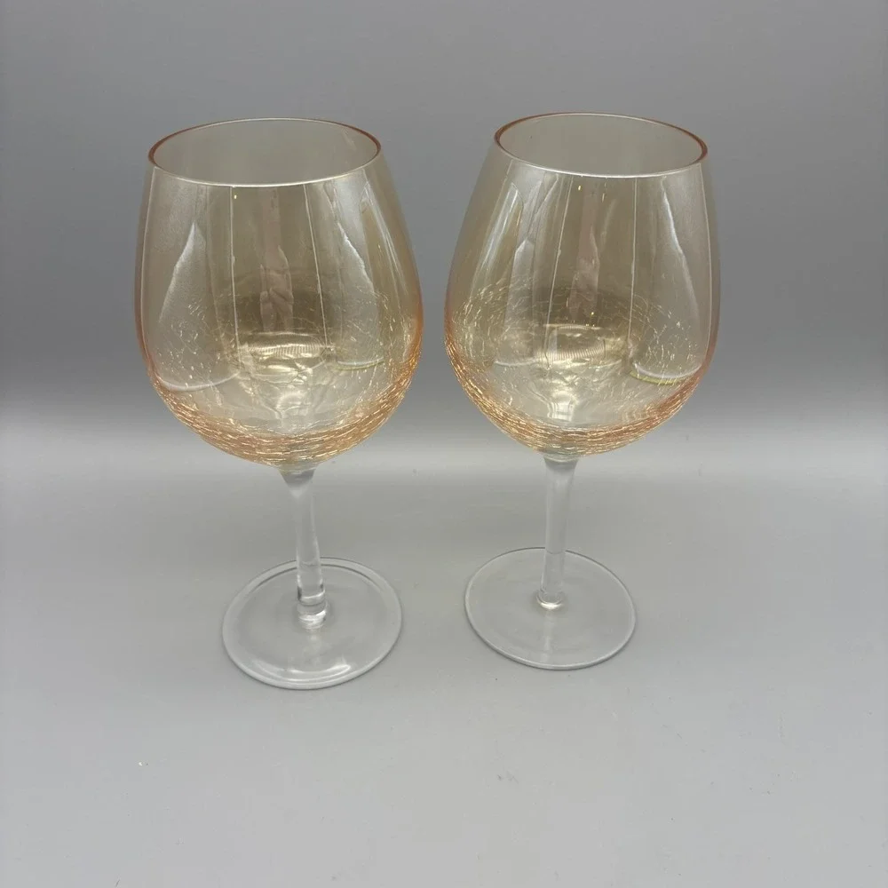 PIER 1 AMBER GOLDEN LUSTER‎ CRACKLE WINE BALLOON STEM/GOBLETS 8.5